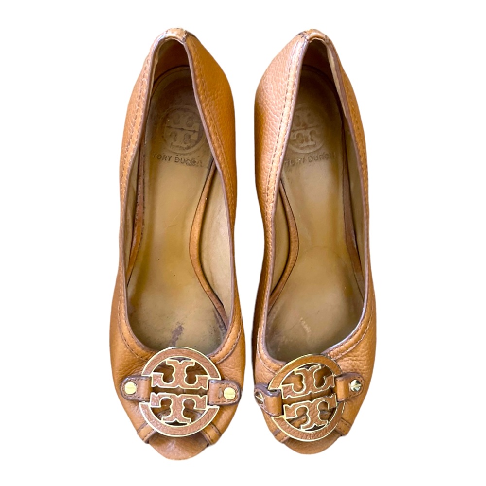 Tory Burch Peep‎ Toe Wedges Camel/Tan Color Size 9